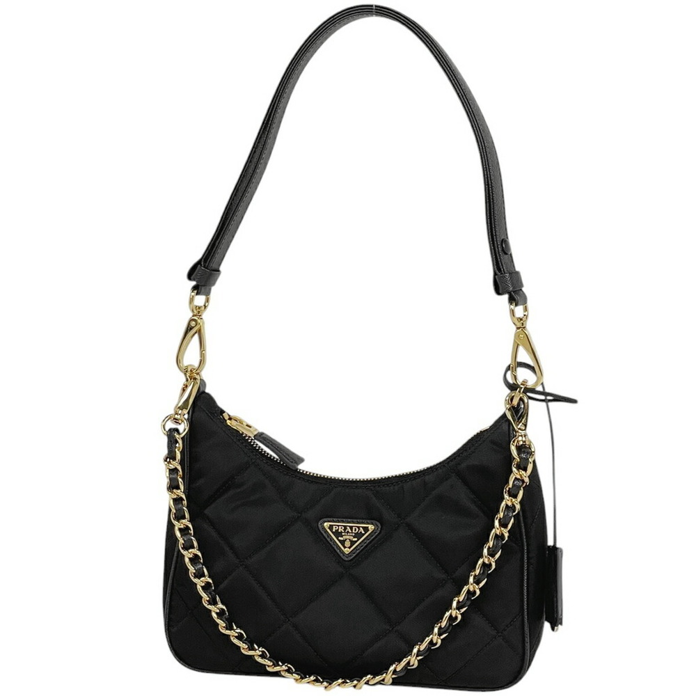 Prada Logo Plate Shoulder Bag Chain Quilted Handbag Nero Black
